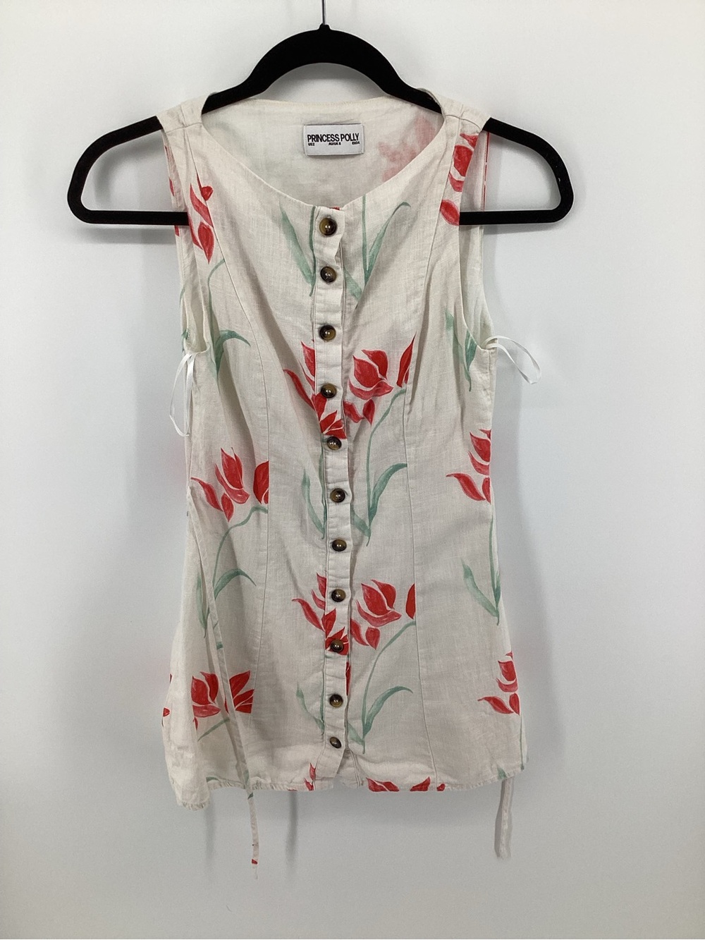 Princess Polly White Floral Button-Front Sleeveless Top